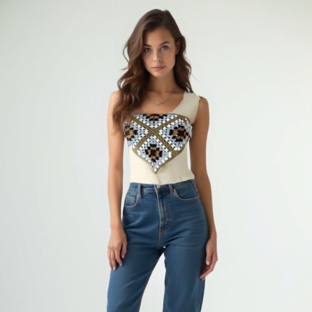 Retro 70s Crochet Kerchief Top - Earth Tone Granny Square Bodice OS